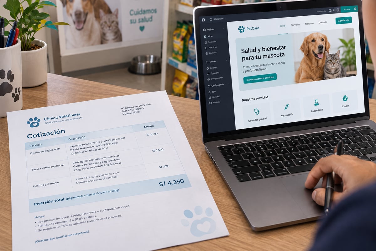 Dueño de un negocio revisando una cotización impresa junto a una laptop con el diseño de una página web