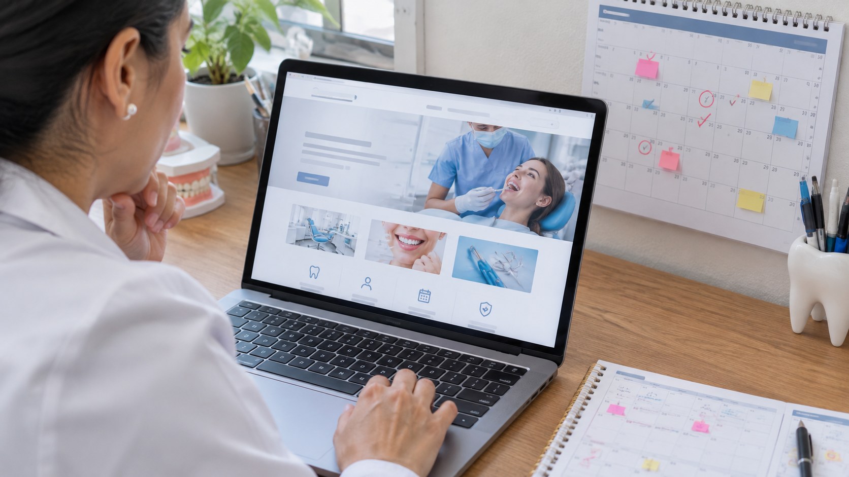Dueña de un consultorio dental revisando en su laptop el borrador de la página web de su negocio, con un calendario de pared con fechas marcadas al lado