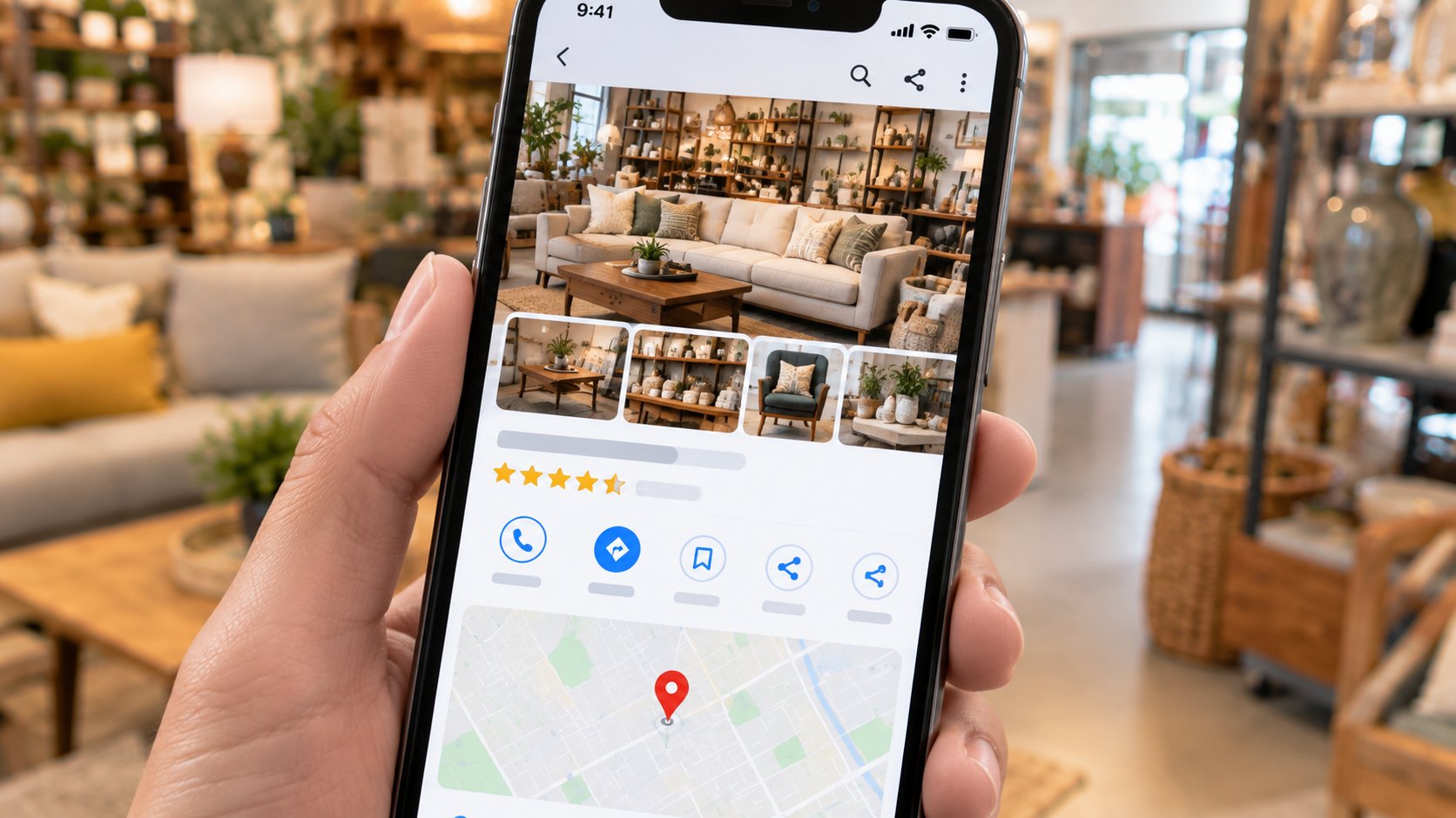Dueño de negocio revisando en su celular la ficha de Google de su local, con mapa y reseñas visibles