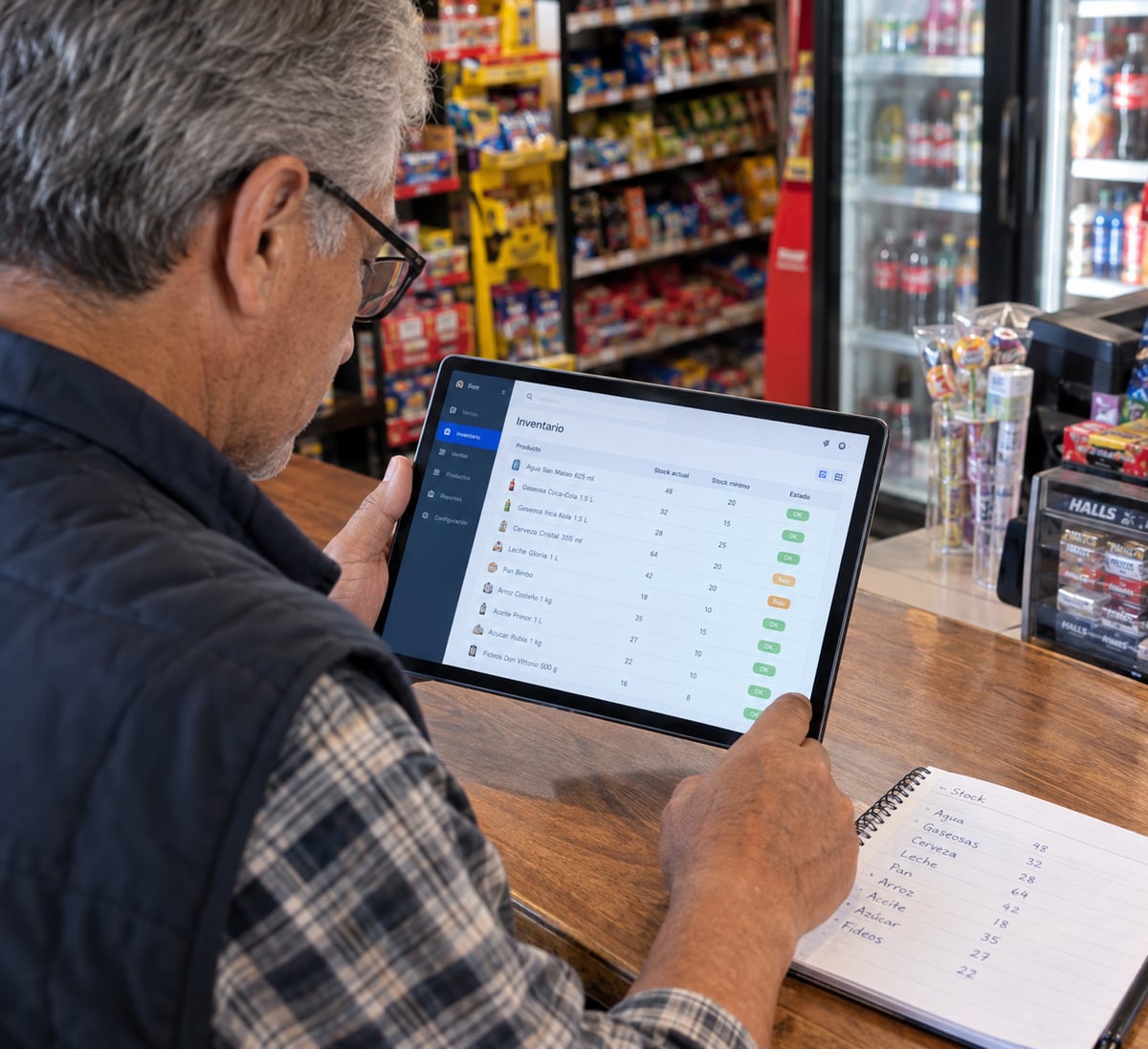 Dueño de un minimarket revisando el stock de su tienda en una tablet en vez de un cuaderno