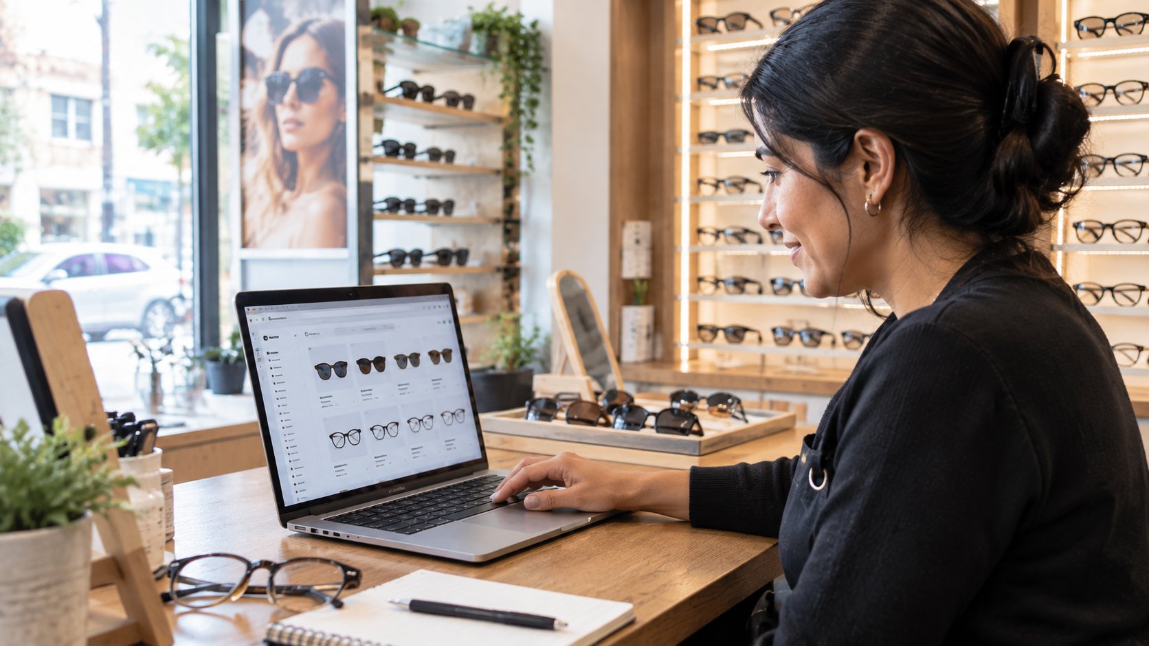 Dueña de un negocio revisando el catálogo de productos de su tienda virtual en una laptop