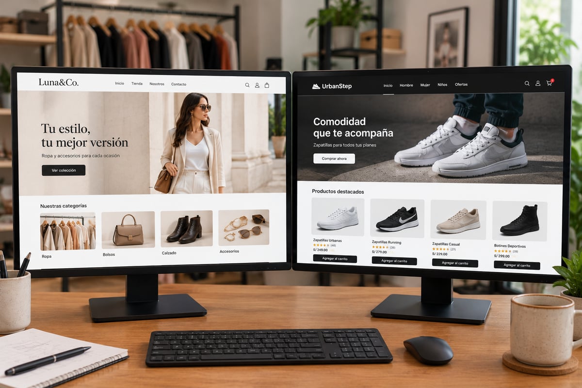 Dueño de negocio comparando en su laptop una página web simple junto a una tienda virtual con carrito de compras