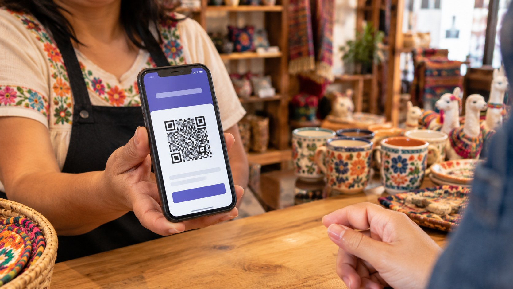 Dueño de negocio mostrando el código QR de Yape en su celular para que un cliente complete el pago de su pedido