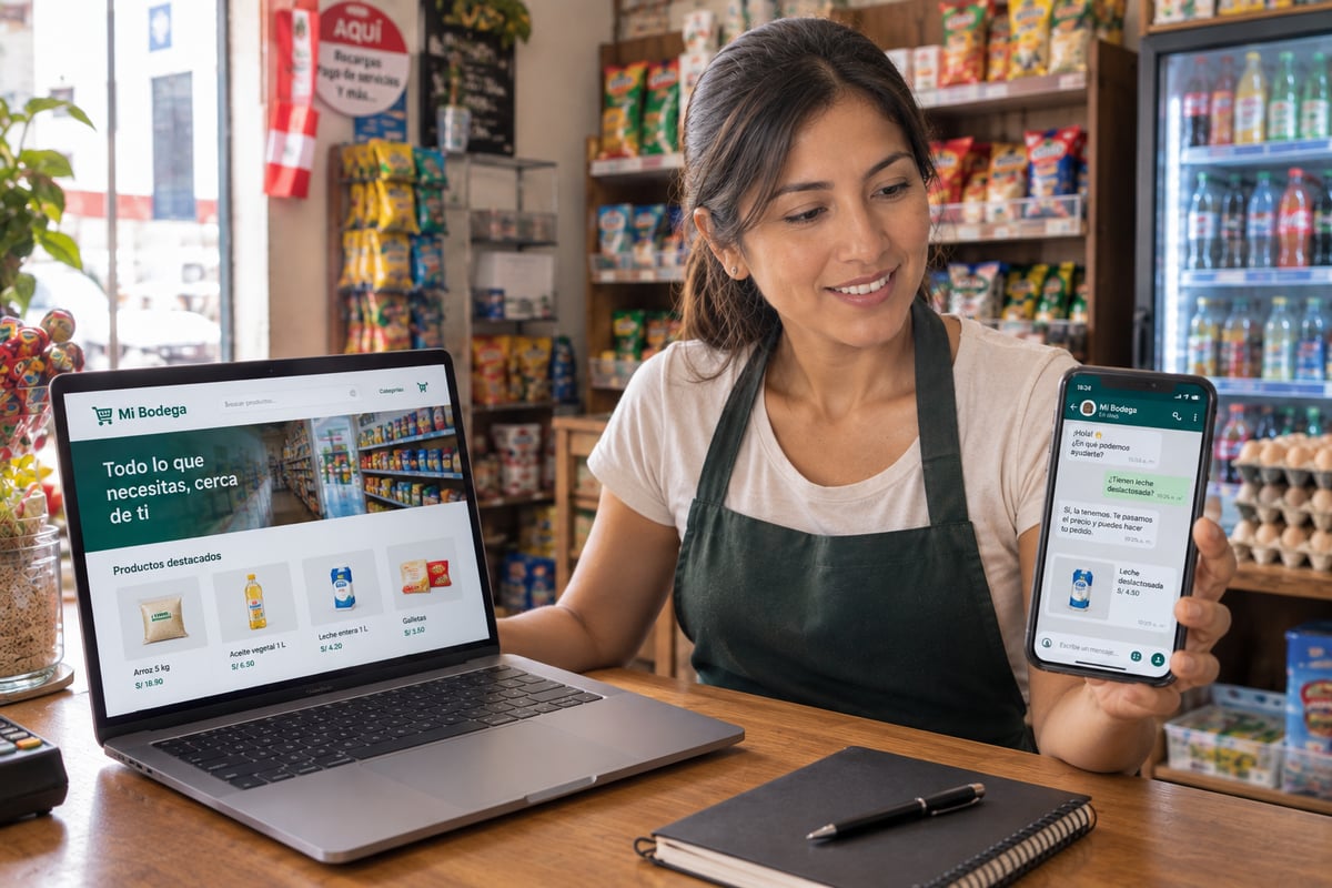 Dueña de una bodega mostrando su página web en la laptop y WhatsApp Business en el celular